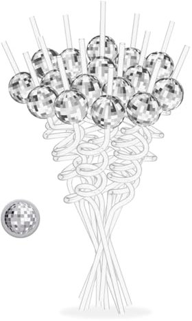 GIWFBQTR 16 Stück Discokugel-Strohhalme, Disco-Dekorations-Strohhalme mit Mini-Diskokugel- in Silber, Langlebiges 70er-Jahre-Partyzubehör