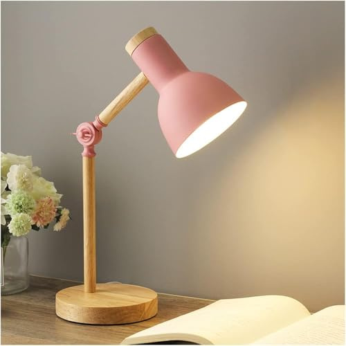 Lampe de table de chevet, lampe de bureau en bois moderne avec abat-jour en métal Lampe de chevet réglable pour bureau, salle d'étude, chambre à coucher, salon, chambre d'enfant, lecture,Rose