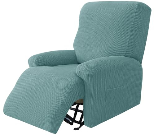 Hearda Sesselschoner für Relaxsessel, Plüsch-Jacquard Stretch Sesselschoner, 4-Teilig Relaxsessel Bezüge, rutschfest Recliner Cover, Waschbar Sesselbezug mit Taschen (Graugrün)