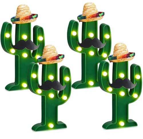 Fiesta Mexican Party Decoration LED Cactus Light with Mini Sombrero Straw Hats and Fake Beard Cinco De Mayo May 5th Table Decor Mexican Party Supplies for Fiesta Taco Table Room Bedroom Decor(12 Pcs)