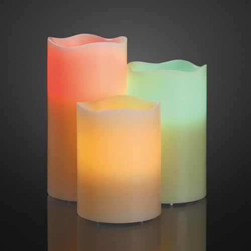 hellum LED Kerzen 3er Set RGB indoor, mit Timer, Fernbedienung, Batterie | LED Kerzen mit Timerfunktion & 12 Farben, Farbwechsel, Kerzen batteriebetrieben versch. Größen 10/12,5/15x7,5cm (HxØ) 152678