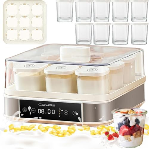Yogurt Maker, Automatic Yoghurt Maker with 9pcs 170ml Glass Jars, Adjustable Temperature & Time Control Yogurt Maker, Stainless Steel Fermentation Machine Dough Proofer for Yoghurt, Greek Yoghurt