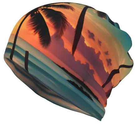 Tropical Beach Palm Tree Print Ponytail Beanie for Women,Winter Beanie Hat Face Mask Covering Neck Gaiter for Cold Weather Black