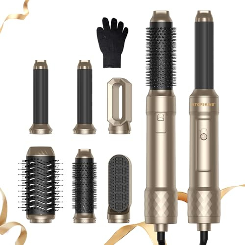 Hairtyler 6 in 1 Atopskins Airstyler Hair Dryer Brush Set,with Auto Curling Wands,200 Millions Negative Ionic Hair Blow Dryer Brush Set with Curl Straighten, Volumise, Smooth, Styling Tools, Gold