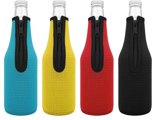 Linkidea Paquete de 4 enfriadores de vidrio para botellas de cerveza de 12 onzas, aislantes de neopreno grueso antideslizante, fundas para botellas de cerveza con cremallera (negro/azul/rojo/amarillo)