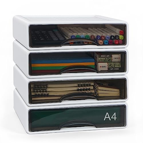 Juego de 4 organizadores de escritorio con cajones, organizador apilable A4 para maquillaje con cajones, caja de almacenamiento de papelería para escuela, oficina, hogar y accesorios de escritorio