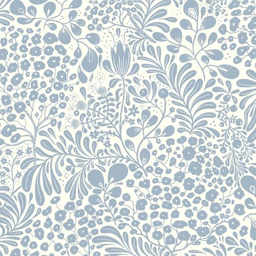 LiKiLiKi Selbstklebende Tapete Blau Blumentapete 44x300 cm Retro Wandtapete Vinyltapete Blumen Mustertapete Abwaschbar Klebefolie für Wohnzimmer Bad Möbel