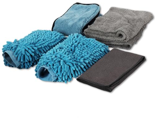 AstraLoom 6 Pcs Car Cleaning Kit with 2 Microfiber Mitts, 1 Double-Sided Absorbent Drying Towel, 2 Microfibre Cloths, 1 Waffle Glass Cloth, Complete Household and Car Washing, Drying, Detailing