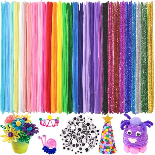DTYDECLE 730 Stück Kunst Pfeifenputzer zum Basteln, 30 Farben Bunte Selbstklebend Pfeifenreiniger Chenilledraht mit Wackelaugen Filzbälle für DIY Basteln und Dekorieren