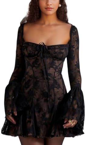 Corset Court y2k Mini Robe à Manches Longues Robe en Dentelle Coupe Basse Vintage Solide Robes de soirée à Fleurs (Noir,S)