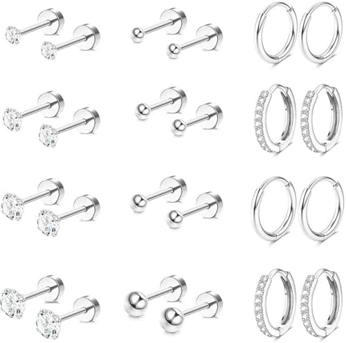 ZXTGBQ 12 par örhängen för kvinnor, kirurgiskt stål piercing öron, örhängen ring små allergiska, hypoallergena brosköronpiercingar för kvinnor män flickor
