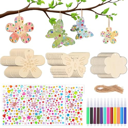Guilinone 52 Stück Bastelset kinder, Basteln Kinder Schmetterling Blume Holzanhänger zum Bemalen, DIY Bastelset kindergeburtstag Aquarellstift & Edelsteinaufkleber für Mädchen Junge Kindergeburtstag