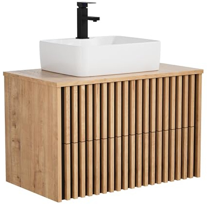 UEV Waschtisch mit Unterschrank, Waschbeckenunterschrank hängend 81cm | Badmöbel Set, Waschplatz Keramik Waschbecken, ausreichend Stauraum Platzsparender Badezimmmer Möbel für Gäste WC Natur