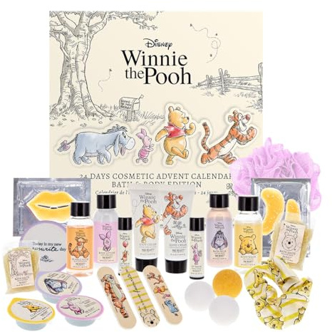 MAD Beauty – Disney WINNIE THE POOH Adventskalender mit 24 Kosmetik Produkten, Wellness Adventskalender für Frauen mit Gesichtsmaske, Bodylotion, Haargummi, Nagelfeile – Weihnachtskalender Beauty