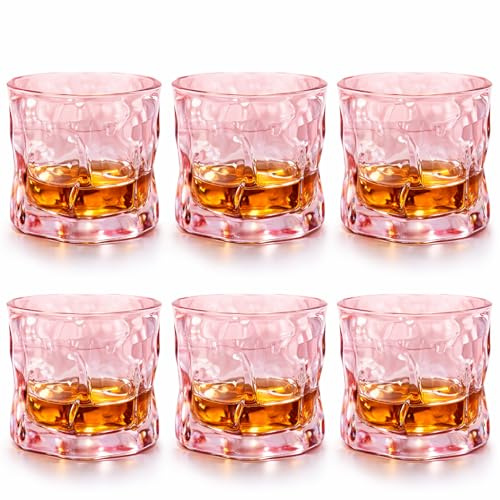 Haayymo Irregular Crystal Whiskey Glasses Set of 6, 200ml Cocktail Glasses, Vintage Twisted Drinking Glasses, Small Tumbler Glasses for Whisky, Iced Coffee, Water, Tea, Juice, Bar Glassware (Pink)