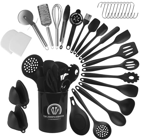 43 Stück Küchenhelfer Set, küchenutensilien set,kochlöffel setmit Aufbewahrungsbox und S-Haken, hitzebeständig, spülmaschinenfest, antihaftbeschichtet (schwarz)