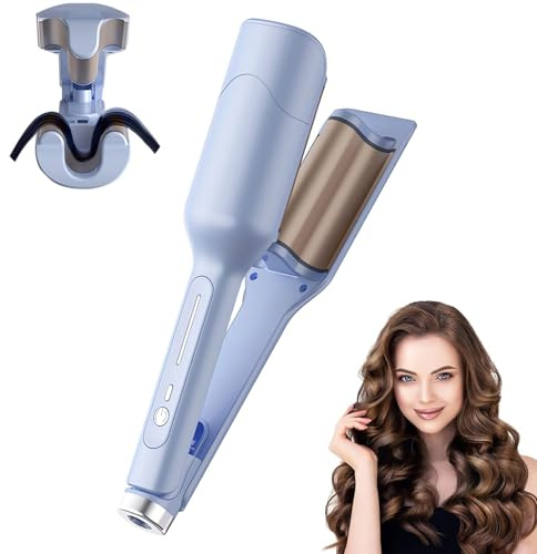 DSXVJHD Hair Waver Crimper, 28mm Mermaid Hair Waver for Women, French Wave Curling Iron with 3 Temperatures, Anti-Scald Iron Wand Hair Curler for Short, Medium, Long Hair(Blue)