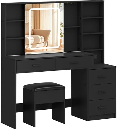 Vanity Desk with Movable Mirror and Lights, Makeup Table Set with 5 Drawers, Makeup Desk with Charging Station & Storage Shelves, 3 Lighting Modes Adjustable Dressing Table with Stool (Black)