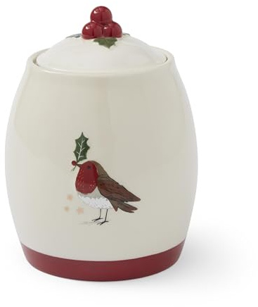 Cooksmart Christmas Robins Retreat Ceramic Storage Canister | British designed, festive robin artwork, airtight silicone seal, ideal for pantry organisation, wipe clean