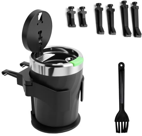 HENGBIRD cendrier voiture avec couvercle et support – Cendrier de poche LED anti-odeurs avec veilleuse et brosse de nettoyage, cendrier de voiture ignifuge de grande capacité pour voiture, bureau