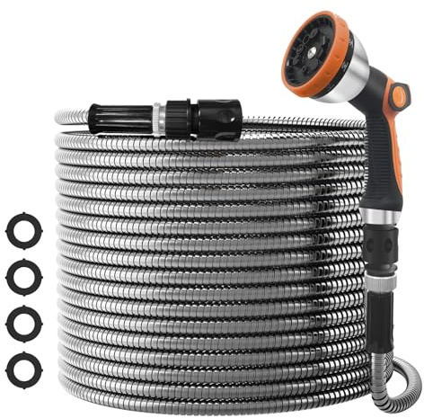 NEYCIL Stainless Steel Garden Hose 50ft, Heavy Duty Garden Hose with Spray Gun, 10-Function Nozzle, Puncture Resistant, No Kink and Tangle, Flexible Metal Water Hose for Yard, Washing, Outdoor