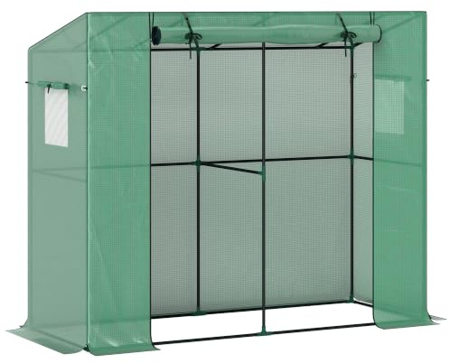 Outsunny Gewächshaus mit Rolltür 2 Fenster Winterfest 200x76x170cm Grün | Foliengewächshaus aus Stahl, Treibhaus für Balkon Garten, Tomatenhaus mit UV Schutz, Tomatengewächshaus für Gemüse Blumen