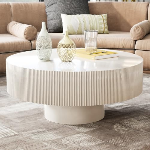TWSOUL Couchtisch, Moderner runder Couchtisch, Wohnzimmertisch mit Geriffeltem Design, Weißer Couchtisch, einzigartiger runder Akzenttisch für Wohnzimmer, 78×35 cm
