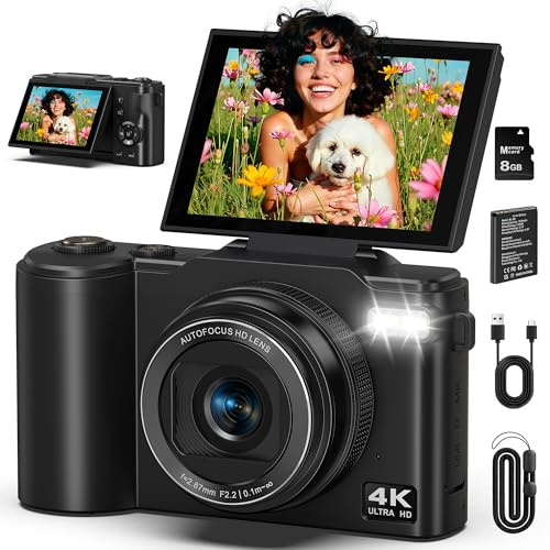 Digitalkamera 4K 64MP Kamera Fotokamera mit 3.0'' 180° Flip-Bildschirm, Autofokus Fotoapparat mit 18X Digitalzoom, Tragbar Kompaktkamera mit 1500mAh Batterie für Teenager Erwachsene Anfänger