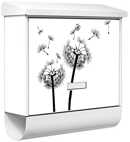 banjado® Burgwächter Briefkasten Weiß 38x39x12cm mit Motiv Pusteblume 2/ Briefkasten mit Zeitungsfach/Briefkasten mit Zeitungsrolle/Postkasten inkl. Montagematerial & 2 Schlüsseln