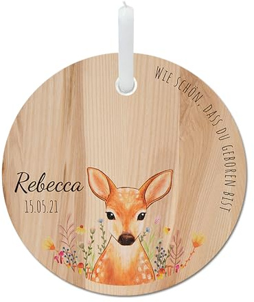 LOOXIS Personalisierter Geburtstagsteller für Kinder mit Namen Bedruckt – 20 cm Durchmesser, inkl. Kerze, Eschenholz – Geschenkidee Jungen, Mädchen, Geburt, Taufe, Kindergeburtstag – REH