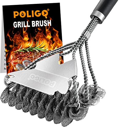 POLIGO BBQ Grill Cleaning Brush Bristle Free & Scraper - Triple Helix Design Barbecue Cleaner - Non-Bristle Grill Brush and Scraper Safe for Gas Charcoal Porcelain Grills - Ideal Grill Tools Gift