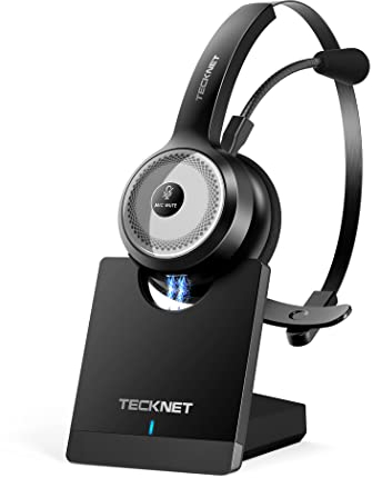 TECKNET Auricular Bluetooth con Estación de Carga, Auriculares Inalámbricos con Micrófonos PC, Cancelación de Ruido Sonido Estéreo Claro Compartible Skype,Centros de Llamadas,Cursos Online