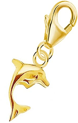 Goldene Hufeisen mini klein Delfin Karabiner Charm Anhänger für Bettelarmband aus 925 Sterling-Silber Vergoldet
