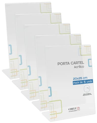 Chely Intermarket Porta Cartel Metacrilato 20x25 cm MOD-3702 Vertical Pack de 5 Transparente Soporte de Mesa para Menús Tarifas Precios Promociones Eventos Ferias y Restaurantes