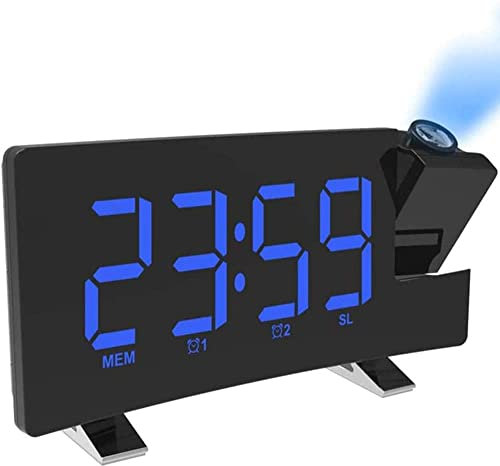 ATAAY Ricambi Auto Sveglia con proiezione, Sveglia Digitale FM Schermo curvoRadio FM/Proiezione dell'ora/Proiettore Regolabile/Snooze/Doppio Allarme/Porta Caricatore USB/12/24 Ore/Dimmer,Blu (Blu)