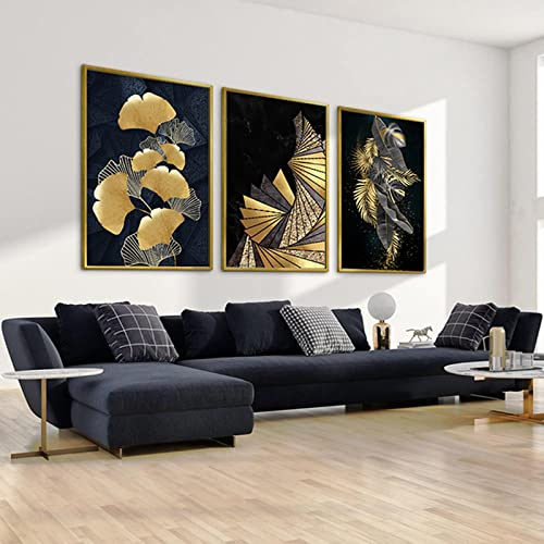 HEHGVCF 3er Set Moderne Wandbild Poster Schwarzes Gold Blätter Bilder Leinwand Goldene Ginkgo Blätter Wandbilder Abstrakte Geometrische Bilder Moderne Kunst Wand Poster Ohne Rahmen (Gold,40 x 60cm)