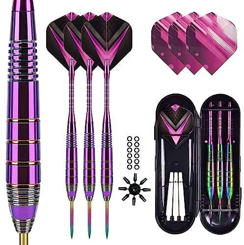 Trecynd Darts Metal Tip Set 3 Aluminum Shaft Metal Dart Set Professional Darts Plastic Tip Sets + Extra 3 Dart Flights 3 Replace Plastic Shafts Beginner or Professional Darts (Deep Purple)