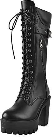 Only maker Damen Stiefel mit Plateau Blockabsatz Halbschaft Reiterstiefel Biker Boots Schnürstiefel mit Reißverschluss Schnalle Schwarz 37 EU