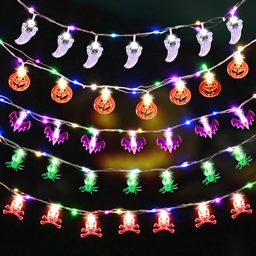 Maxee 5 Stück Halloween Lichterkette, Extra mit 5 Stück 2 Meter Bunte Lichterketten, 1.5 Meter 10LEDs Kürbis, Weißer Geist, Fledermaus, Spinne, Skelett, Halloween Party Dekoration Drinnen Draußen