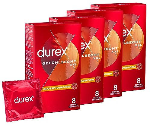 Durex Gefühlsecht XXL Kondome – Dünne Kondome mit großer Passform & mit Silikongleitgel befeuchtet – 4er Pack (4 x 8 Stück)