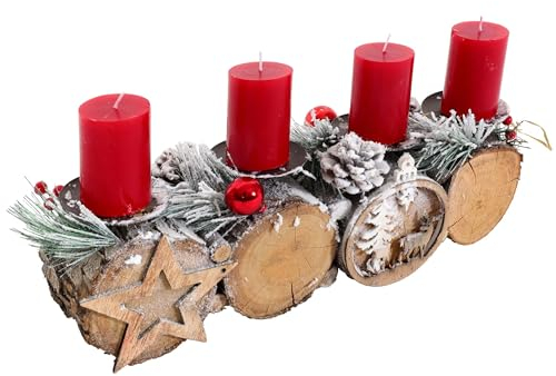 Adventsgesteck HWC-M14 mit Kerzenhalter, Adventskranz Weihnachtsgesteck Holz FSC® 12x41x12cm - mit Kerzen