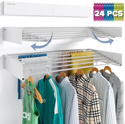 Marctani Tendedero Extensible Pared Ahorra Espacio - Tendederos Plegables ANTIOXIDANTES Interior o Exterior - Tendal Plegable Resistente 24 Pinzas - Tenderete de Ropa (Blanco, 80 CM)