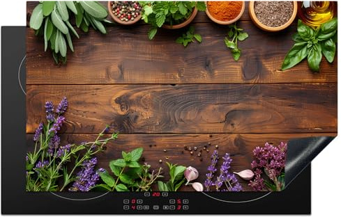 KitchenYeah© Herdabdeckplatte Einteilig Abdeckplatten Cerankochfeld | 83x51 cm - Abdeckung Ceranfeld Herdplattenabdeckung Induktionsmatte Lavendel - Blumen - Kräuter - Gewürze - Holzschnitt