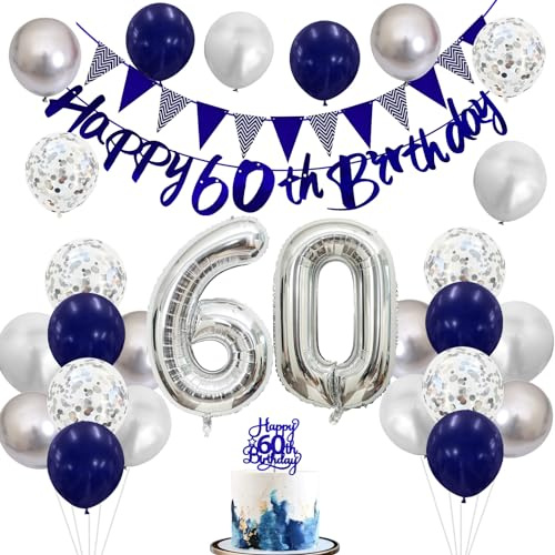 60th Birthday Decorations for Men, Navy Blue Silver 60th Balloons with Blue Happy 60th Banner 70 Cake Topper Decor Number 60 Balloon for Women Birthday 60th Party Decoration