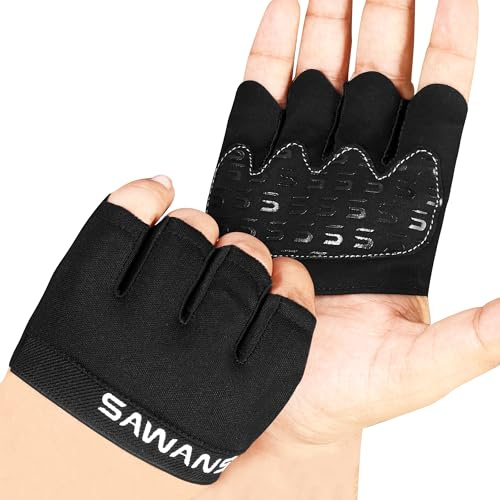 SAWANS Gym Gloves Men Women Weight Lifting Training Fitness Padded Extra Grip Palm Protection Silicone Non-slip Breathable Four Finger Workout Gloves Hanging Pull ups Exercise (Black, S)