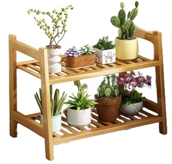 IOEDHW Indoor Outdoor 2-stöckiger Bambus-Pflanzenständer, Blumentopf-Halter, Ausstellungsregal, 19,68 Zoll Leiterregal, Pflanzen-Organizer-Rack, bodenstehend, kleiner Raum, Blumenregal, Tisch für Terr