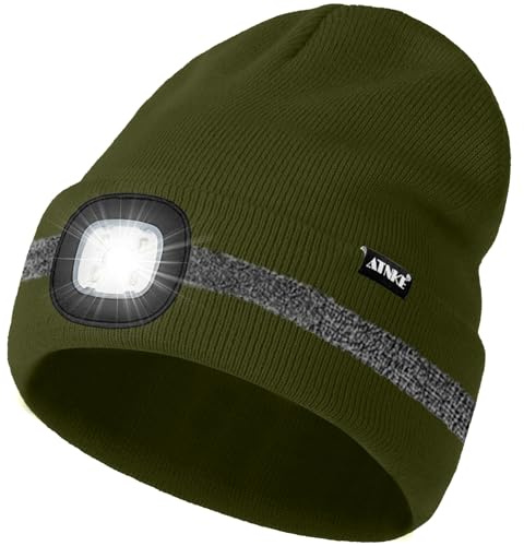 ATNKE LED Mütze mit Licht, Wiederaufladbare USB 4 LED Beleuchtete Laufmütze Extrem Heller Lampe Winter Warme Stricken Mütze mit Reflektierendem Streifen für Herren und Damen Geschenke
