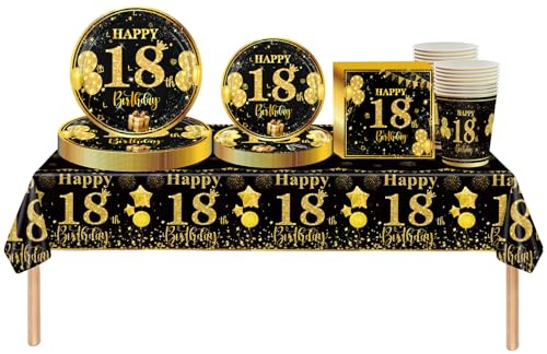 69pcs Black Gold 18th Birthday Decorations - Boys & Girls, Tableware Set with Tablecloth, Paper Plates, Napkins, Cups for 18th Birthday Table Decoration