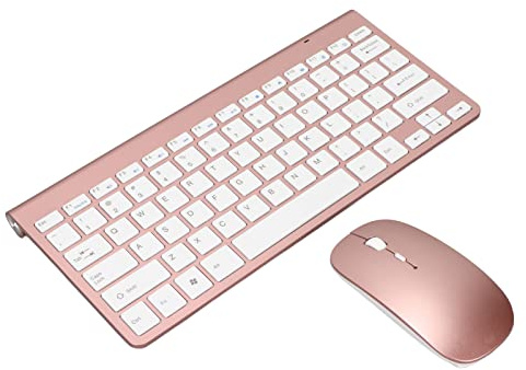 Juego de Ratón y Teclado Inalámbrico 2.4G, 78 Teclas Compacto, Teclado Ergonómico Silencioso con Receptor USB, para Ordenador PC Portátil Tablet, Compatible con Mac, Oro Rosa