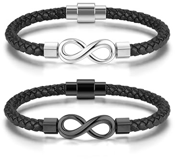 PiercingJak 2 braccialetti infiniti coppia in pelle PU + acciaio inossidabile, bracciale corda intrecciata nera Infinity simbolo gourmette di amore e amicizia, regalo uomo donna San Valentino